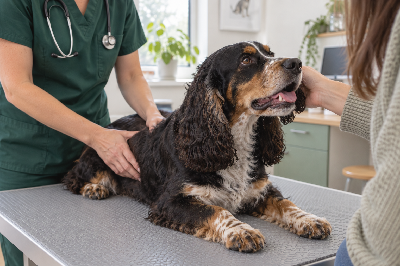 Veterinář vyšetřuje břicho psa kvůli nevysvětlenému odkapávání krve